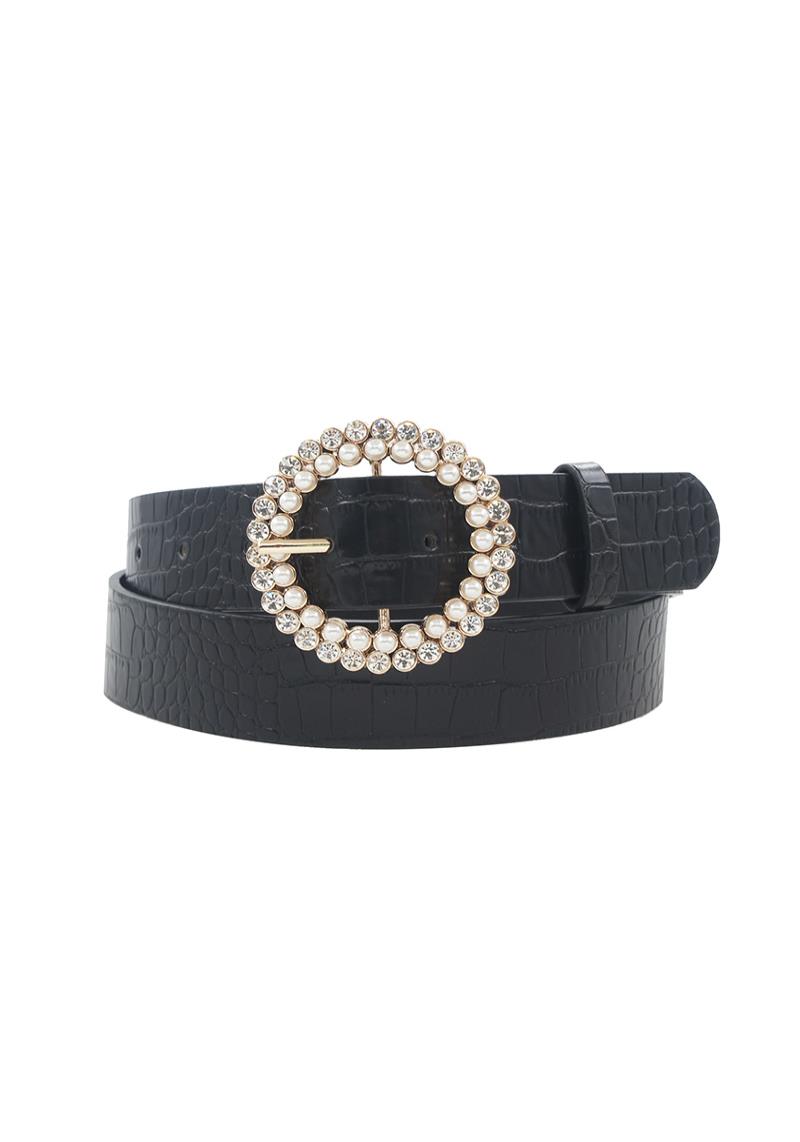 RHINESTONE AND PEARL CIRCLE BUCKLE BELT