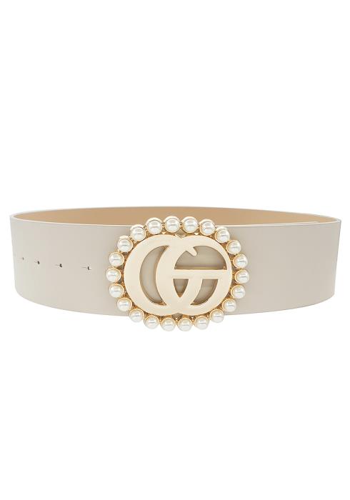 PEARL TRIMMED METAL BUCKLE WIDE WAIST BELT