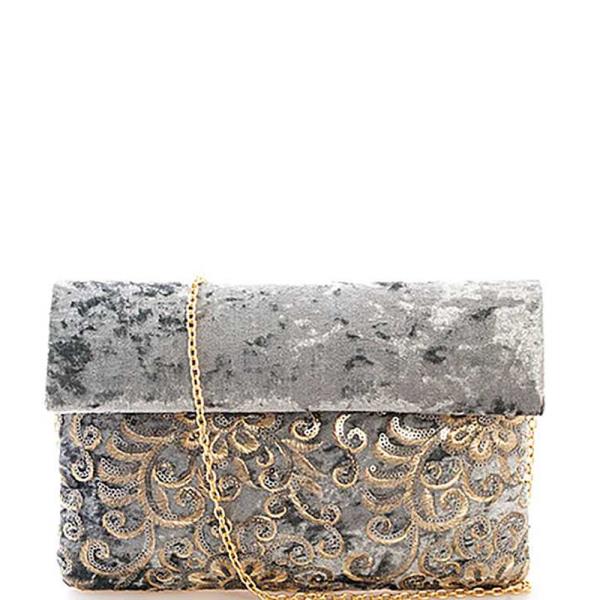 SPANGLE FLOWER EMBELLISHED VELVET CLUTCH WITH CHAIN