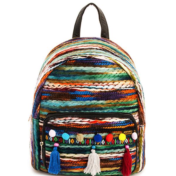 STYLISH BOHO DESIGN WOOL TASSEL HANDLE BACKPACK