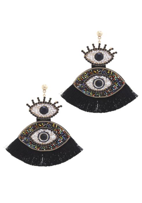 DOUBLE EYE BEADED FAN TASSEL DROP EARRING
