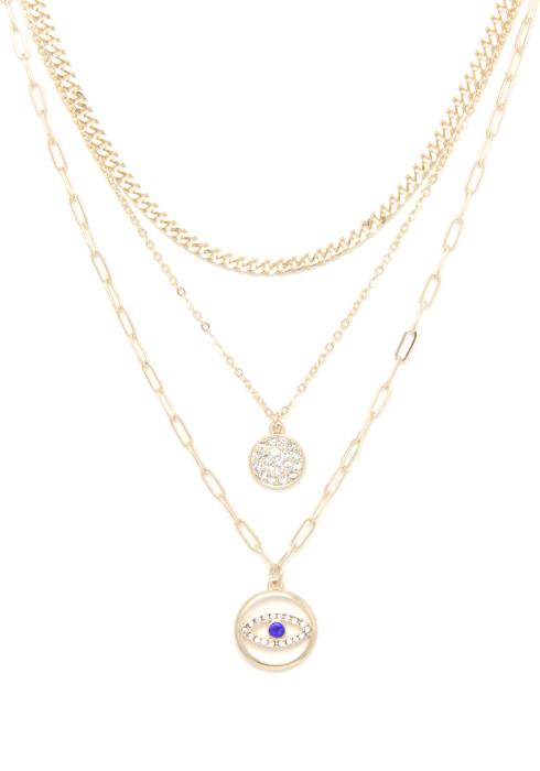 EYE CHARM RHINESTONE ENCRUSTED DISC LAYERED NECKLACE