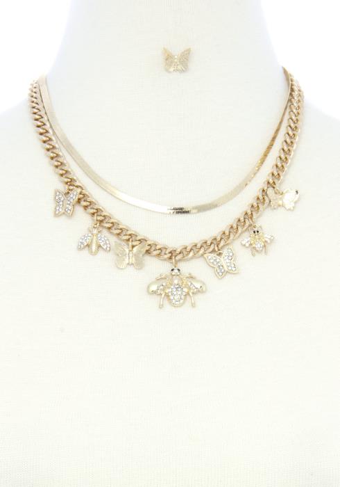 RHINESTONE INSECT CHARM METAL LAYER NECKLACE