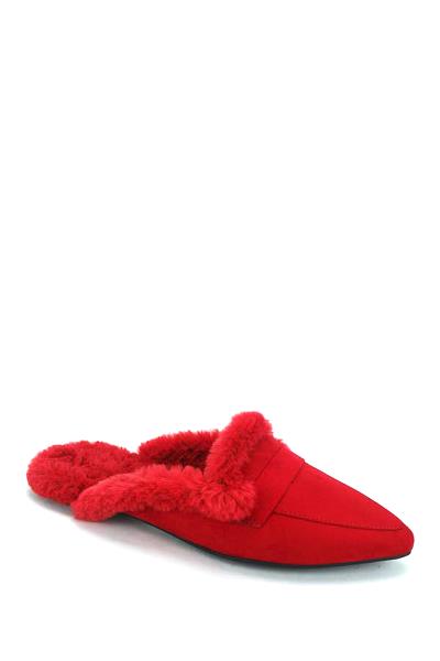 FASHION MODERN TWO TONE SOFT FUR AND LEATHER SLIP ON POINTY SLIPPERS
