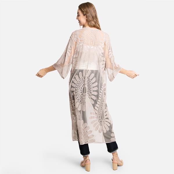 SHEER MESH FLORAL EMBROIDERED LONG COVER UP