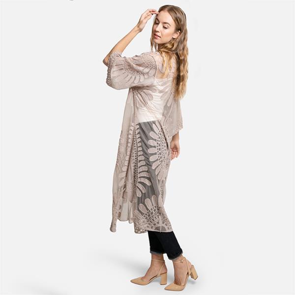SHEER MESH FLORAL EMBROIDERED LONG COVER UP