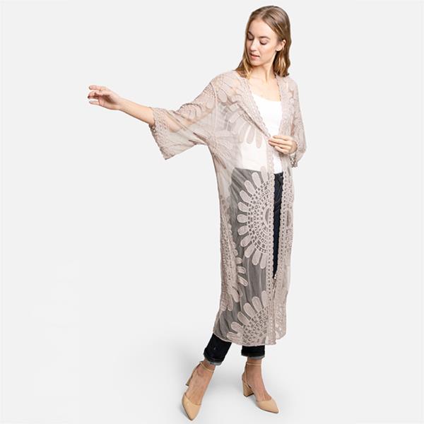 SHEER MESH FLORAL EMBROIDERED LONG COVER UP