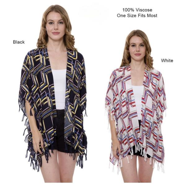 LIGHT GEOMETRIC PRINT TOPPER COVER UP KIMONO CARDIGAN WITH TASSELS