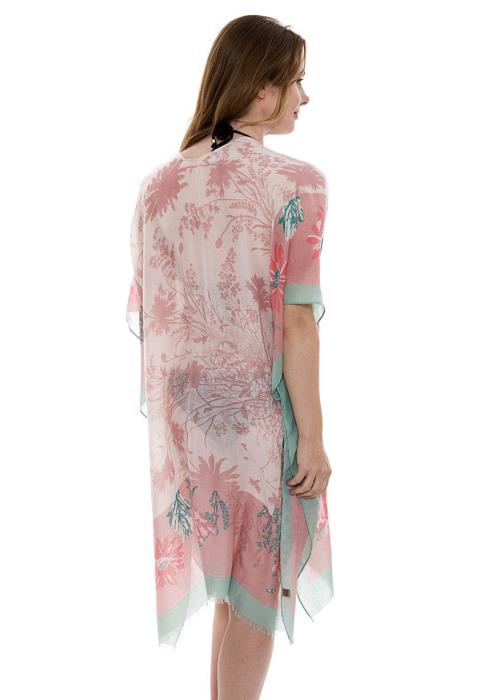 LONG LIGHTWEIGHT FLORAL PRINT TOPPER COVER UP KIMONO WITH SHORT TRIMS
