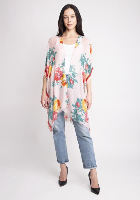 LONG LIGHTWEIGHT FLORAL PRINT TOPPER COVER UP KIMONO CARDIGAN WITH SHORT TRIMS