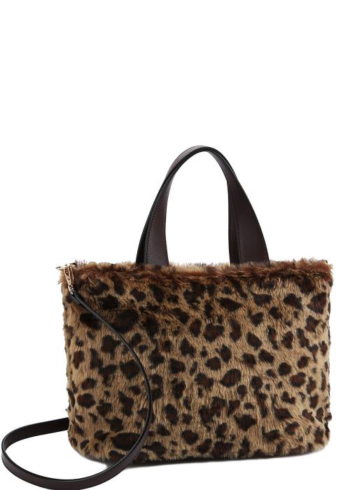 TRENDY SOFT FAUX ANIMAL FUR TOTE BAG WITH LONG STRAP