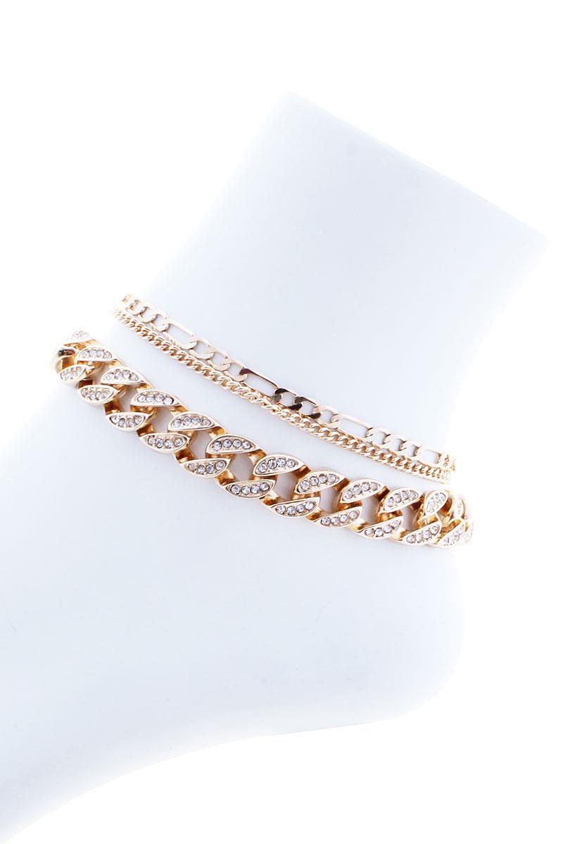 3 LAYERED METAL LINK CHAIN STUD STONE ANKLET