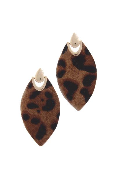 POINTED OVAL ANIMAL PRINT GENUINE LEATHER POST EARRING