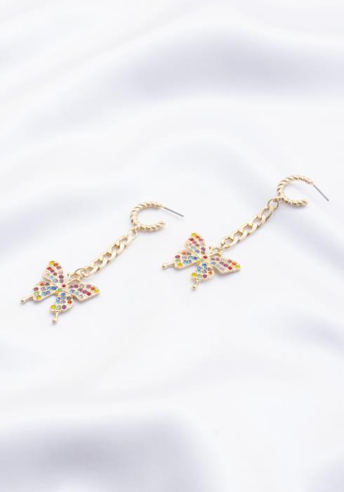 STONE BUTTERFLY DROP METAL CHAIN MINI OPEN HOOP EARRING