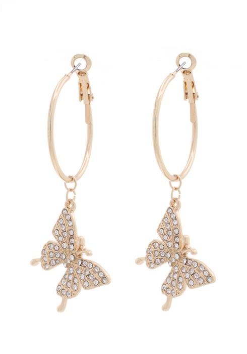 STONE DANGLE BUTTERFLY METAL HOOP EARRING