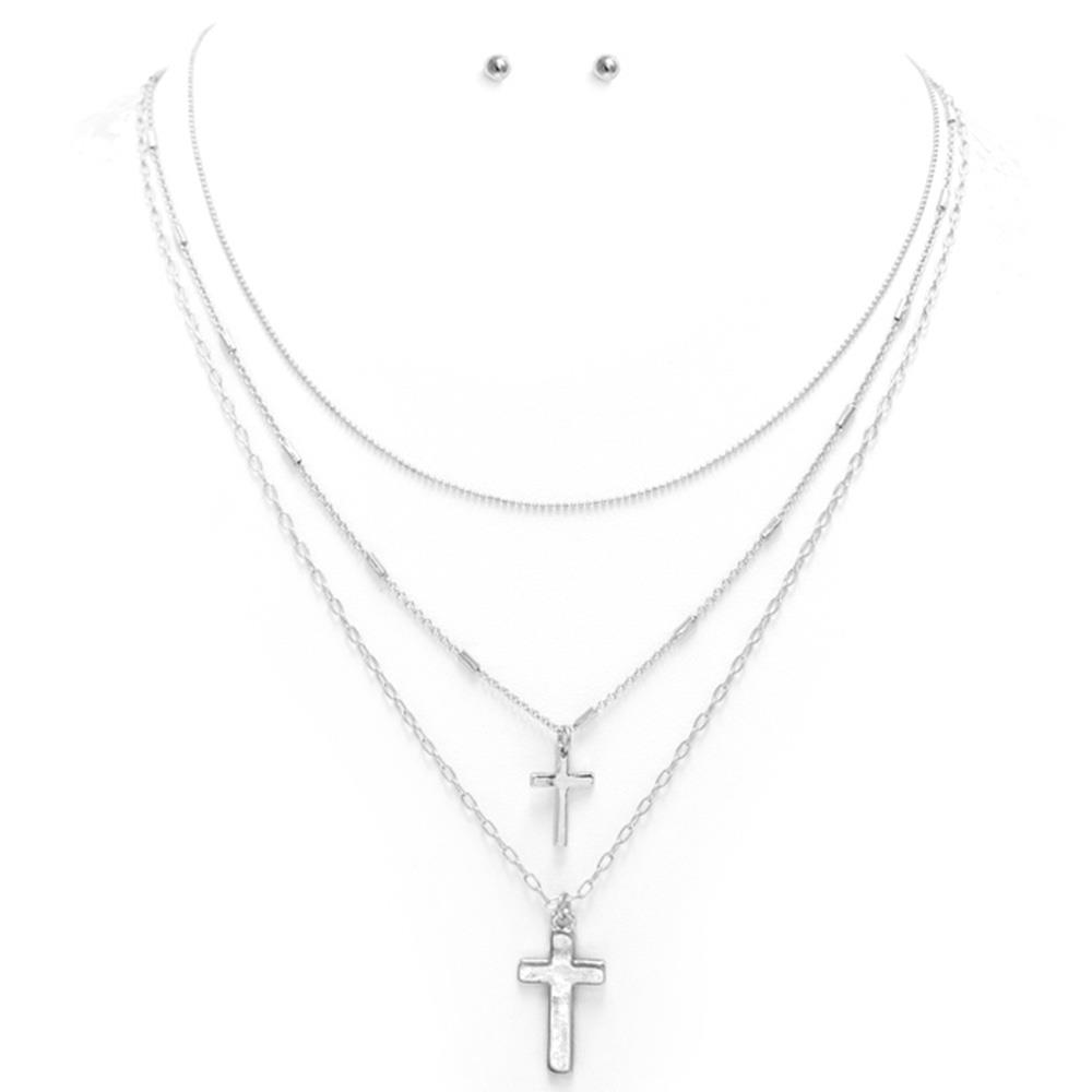 DOUBLE CROSS CHARM LAYERED METAL NECKLACE