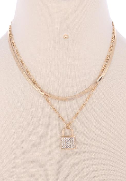 2 LAYERED METAL CHAIN LOCK PENDANT NECKLACE EARRING SET