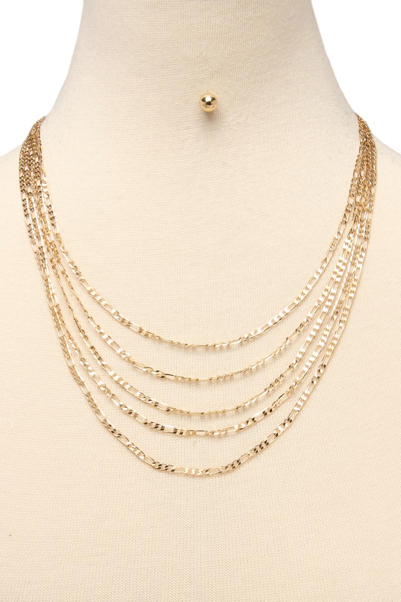 5 LAYERED METAL CHAIN MULTI NECKLACE EARRING SET