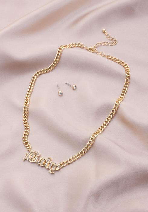 RHINESTONE BABY LETTER NECKLACE EARRING SET