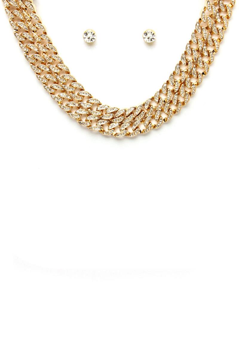 2 LAYERED LINK METAL CHAIN STUD STONE SHORT NECKLACE EARRING SET