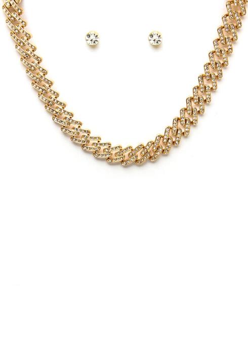 CHUNKY STUD STONE METAL CHAIN SHORT NECKLACE EARRING SET
