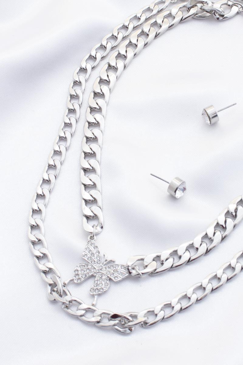 DOUBLE LAYER CHUNKY CHAIN LINK BUTTERFLY RHINESTONE NECKLACE WITH EARRING SET