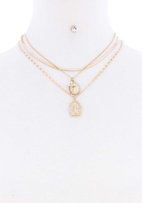 TRIPLE HOLY SYMBOL PENDANT NECKLACE WITH EARRING SET