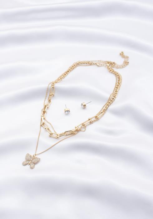 3 LAYERED BUTTERFLY PENDANT MULTI METAL NECKLACE EARRING SET