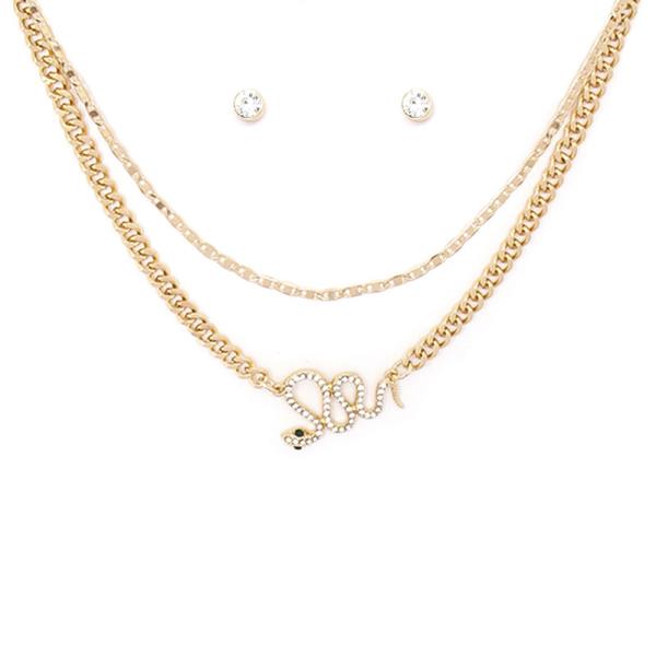 2 LAYERED METAL CHAIN RHINESTONE SNAKE PENDANT NECKLACE EARRING SET