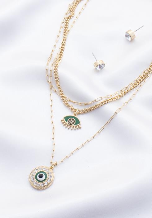 3 LAYERED METAL CHAIN EVIL EYE PENDANT NECKLACE