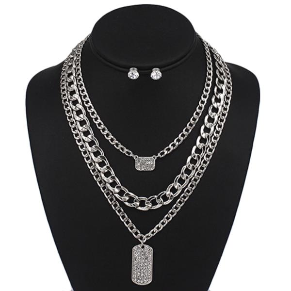 3 LAYERED METAL CHAIN RHINESTONE PENDANT NECKLACE EARRING SET