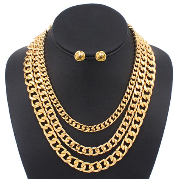 3 LAYERED BASIC METAL LINK CHAIN MULTI NECKLACE EARRING SET