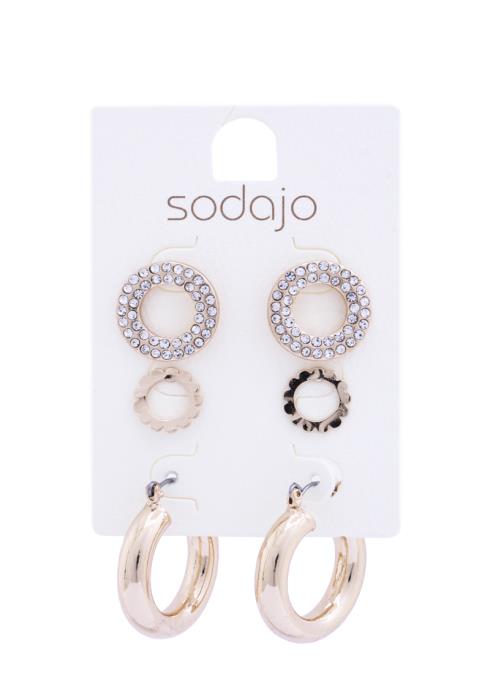SODAJO METAL RHINESTONE STUD HOOP EARRING SET