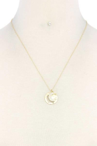 RHINESTONE CUT OUT MOON CHARM METAL NECKLACE