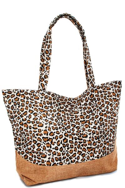 DESIGNER TWO TONE LEOPARD NATURAL WOVEN TOTE BAG