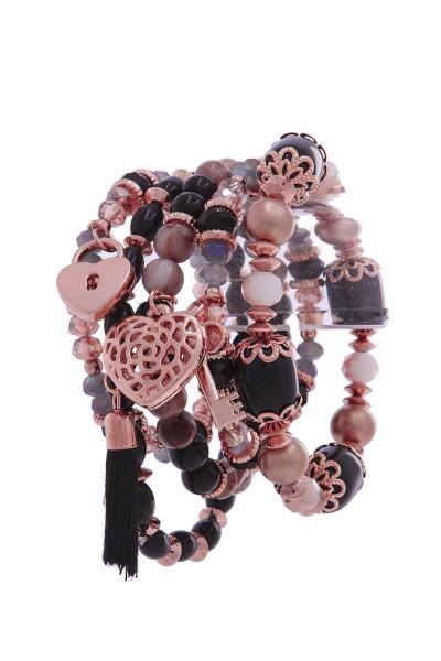 BEADED HEART LOCK TASSEL CHARM BRACELET SET