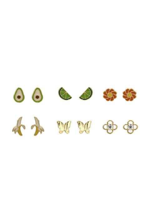 FASHION FRUIT BUTTERFLY FLOWER STUD EARRING 6 PAIR SET