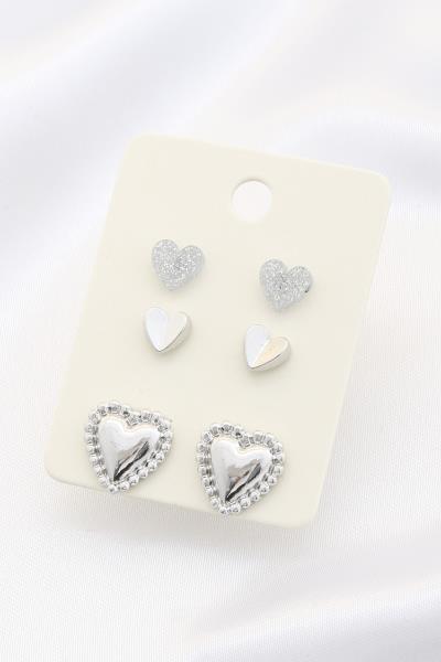 METAL HEART STUD EARRING 3 PAIR SET