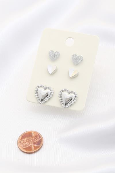 METAL HEART STUD EARRING 3 PAIR SET