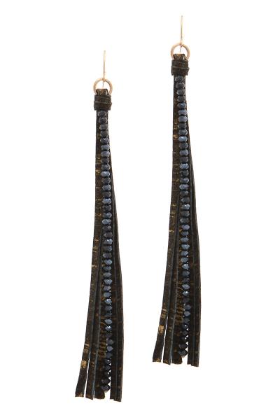 BEADED STRAND GENUINE LEATHER DROP EARRING