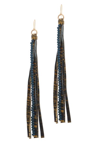 BEADED STRAND GENUINE LEATHER DROP EARRING