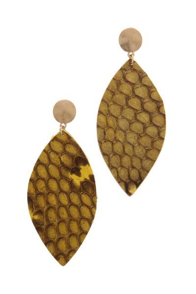 GENUINE LEATHER ANIMAL PRINT POINTED OVAL POST DROP EARRING