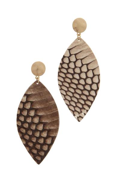 GENUINE LEATHER ANIMAL PRINT POINTED OVAL POST DROP EARRING