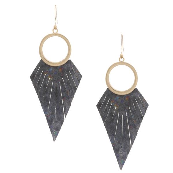 GENUINE LEATHER ROUND METAL FRAY EDGE DANGLE EARRING