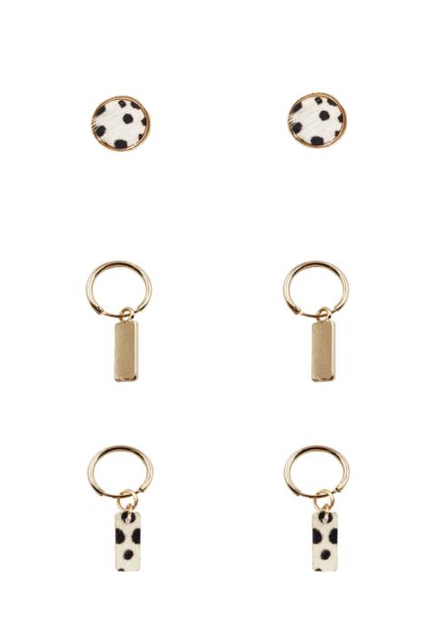 METAL MINI HOOP LEOPARD HAIRCALF EARRING 3 PAIR SET