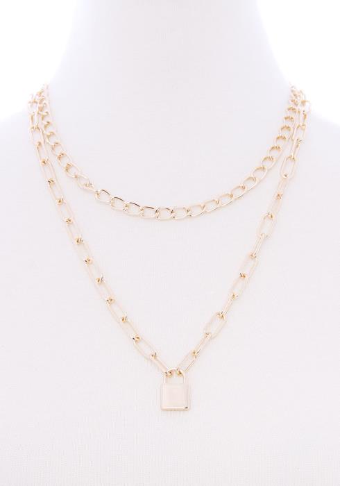 2 LAYERED LOCK PENDANT METAL NECKLACE EARRING SET