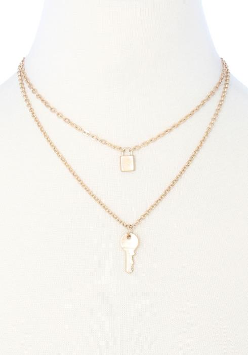 2 LAYERED METAL LOCK AND KEY PENDANT NECKLACE
