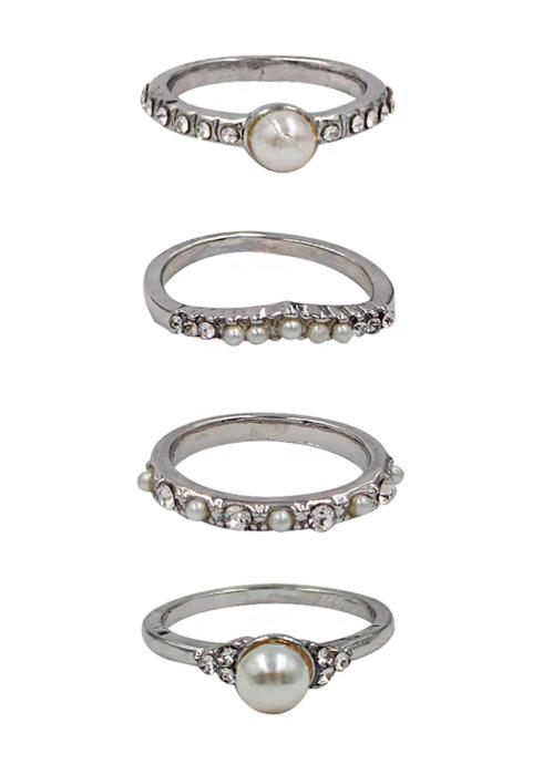 DOUBLE PEARL BEAD CRYSTAL 4 PC RING SET