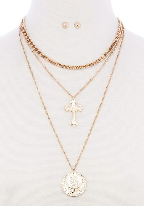CROSS COIN MULTI LAYERED SHORT NECKLACE