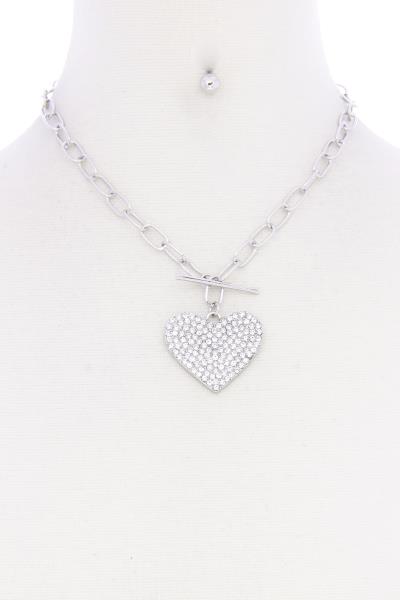 RHINESTONE HEART PENDANT TOGGLE CLOSURE NECKLACE